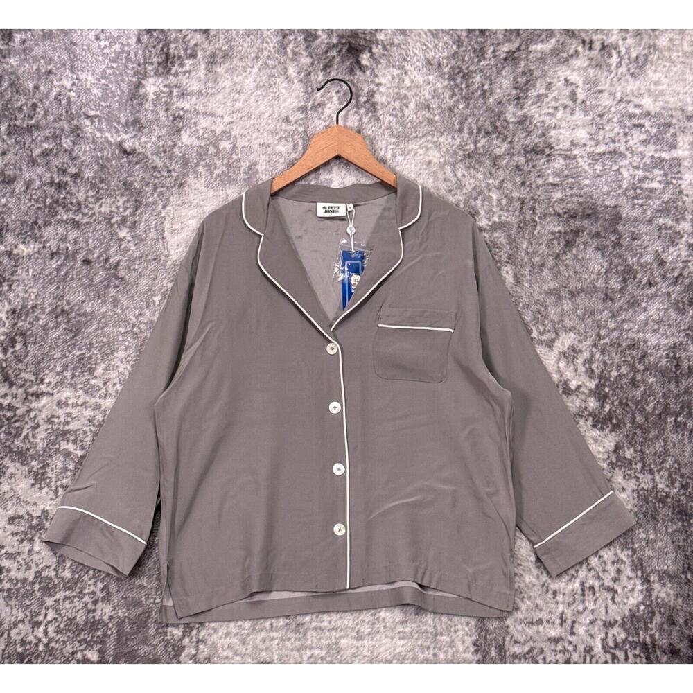 New Sleepy Jones Top Medium Womens Marina Pajama Shirt In Gray Silk